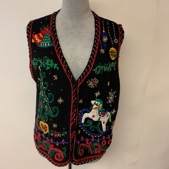 Segue HoHoHo Vest Womens Size XL Appliqued Beaded Button Up Christmas Unique - Picture 1 of 8